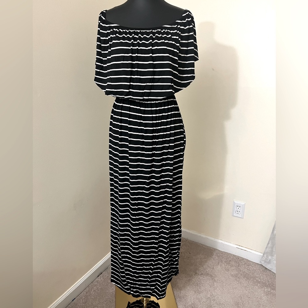 Plus size black and white striped maxi dress.